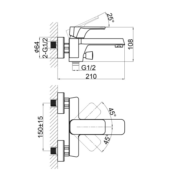 Смеситель для ванны или душа D&K Berlin DA1433225 настенный 
без термостата черный