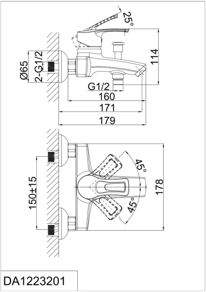 Смеситель для ванны или душа D&K Bayern.Furth DA1223201 настенный 
без термостата хром