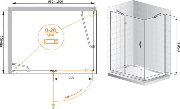 Душевой угол Cezares Bergamo BERGAMO-AH-1-100/80-C-Cr-L прямоугольная  стекла прозрачные, профиль хром