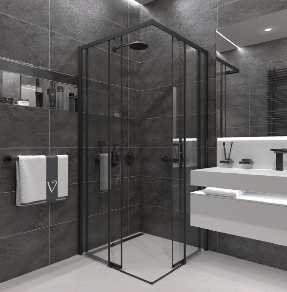 Душевой угол Veconi  RV47B-80-01-C4 80x80 стекла прозрачные, профиль черный