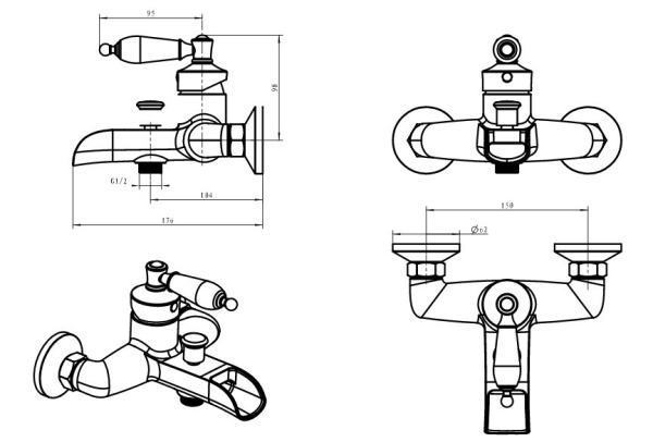 Смеситель для ванны или душа Boheme Vogue Crystal 203-CRST настенный 
без термостата бронза