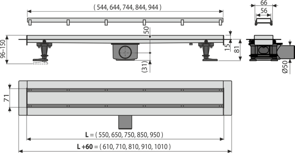Душевой трап горизонтальный AlcaPlast APZ13 Fit and Go APZ13-DOUBLE9-850 85 см, решетка под плитку
