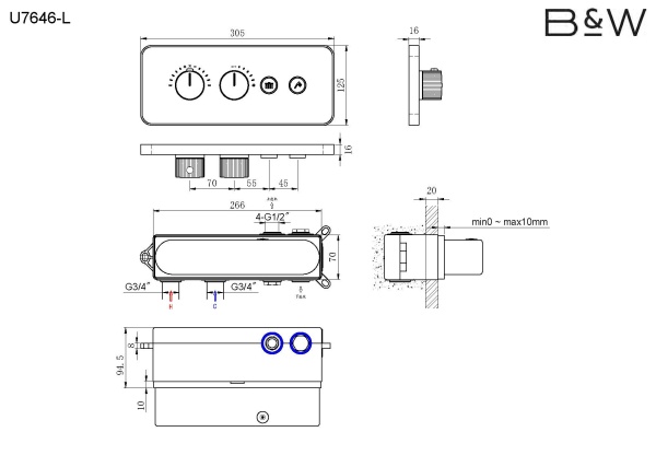 Душевая система со смесителем Black&White Universe U7646 монтаж встраиваемая  в стену с термостатом хром