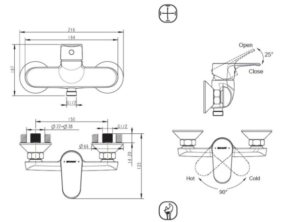 Смеситель для душа Bravat Alfa F9120178CP-01 настенный 
без термостата хром