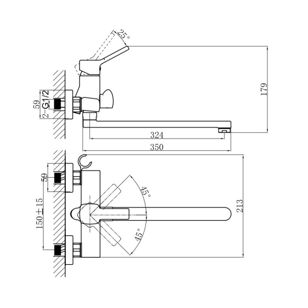 Смеситель для ванны или душа D&amp;K Rhein.Dusseldorf DA1493301 настенный 
без термостата хром