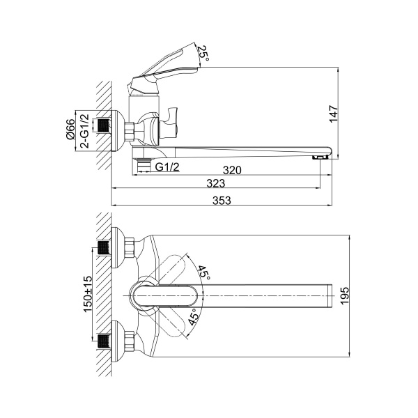 Смеситель для ванны или душа D&K Venice DA1063301 настенный 
без термостата хром