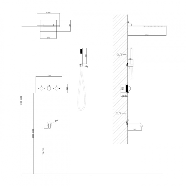 Душевая система со смесителем Abber Kreis AF8150 монтаж встраиваемая в стену без термостата хром