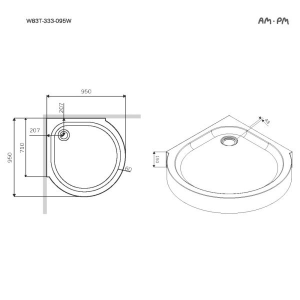 Душевой поддон низкий Am.Pm Like W83T-333-095W четверть круга акрил 95x95 белый