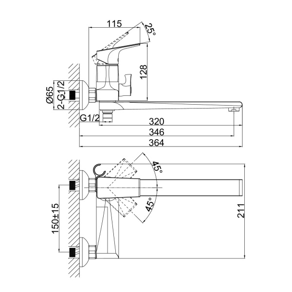 Смеситель для ванны или душа D&K Rhein DA1293301 настенный 
без термостата хром