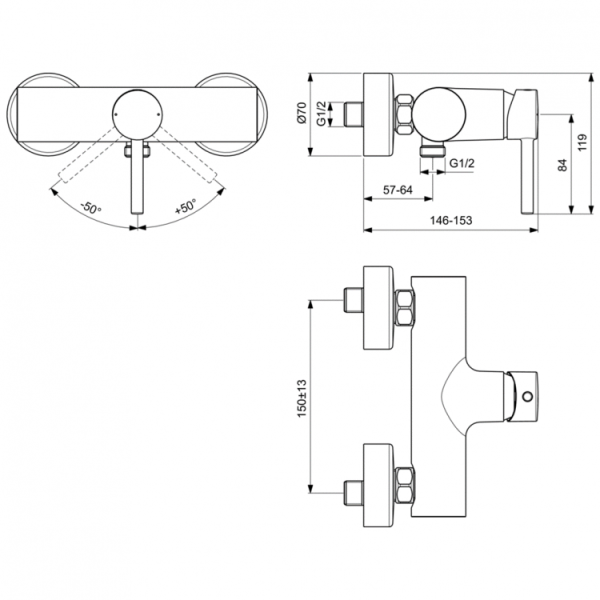 Смеситель для душа Ideal Standard Ceraline BC200AA настенный 
без термостата хром