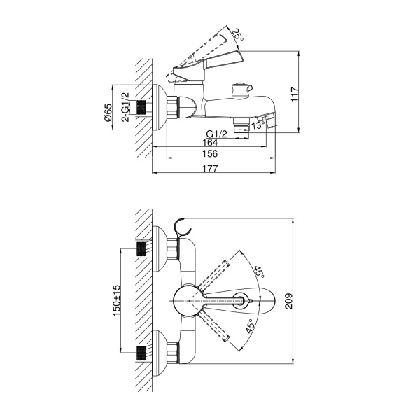 Смеситель для ванны или душа D&K Rhein DA1463201 настенный 
без термостата хром