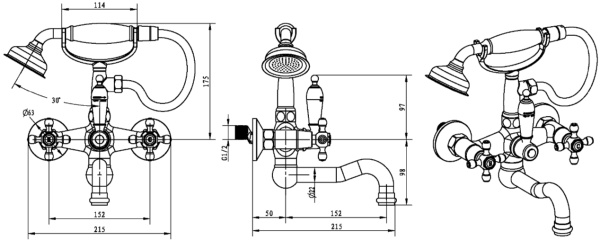 Смеситель для ванны или душа Boheme Tradizionale Oro 293 настенный 
без термостата золото