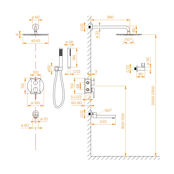 Душевая система со смесителем RGW Shower Panels 51140855-06 монтаж встраиваемая в стену без термостата золото