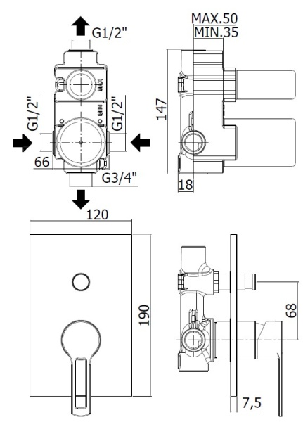 Смеситель для душа Paffoni Ringo RIN015NO/M встраиваемый в стену 
без термостата 