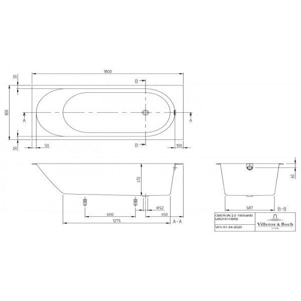 Композитные ванны Villeroy & Boch Oberon 2.0 UBQ181OBR2DV-01 180x80