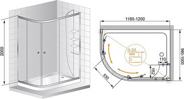 Душевой угол Cezares Anima ANIMA-W-RH-2-120/100-C-Cr-R ассиметричный 120x100 стекла прозрачные, профиль хром