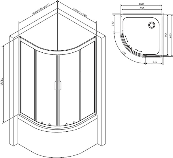 Душевой угол Am.Pm Gem W90G-401A090WT четверть круга  стекла прозрачные, профиль серебро