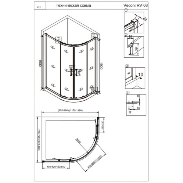 Душевой угол Veconi Rovigo RV08B-12090-01-C3 асимметричная 120x90 стекла прозрачные, профиль черный