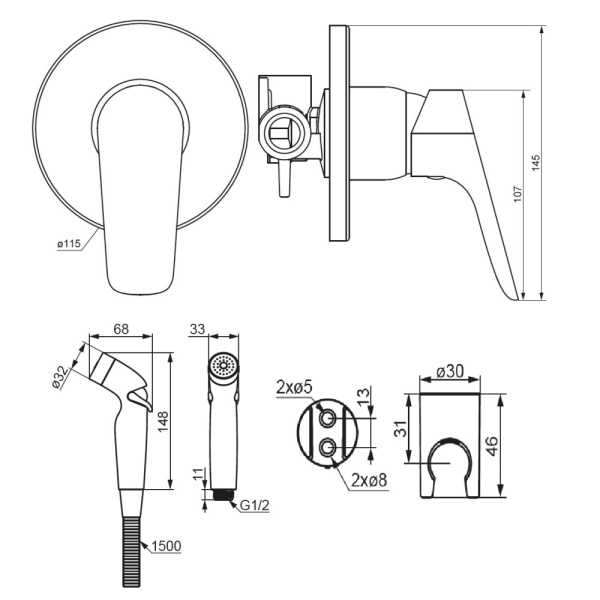 Гигиенический душ Damixa Jupiter 777510300 встраиваемый в стену черный матовый