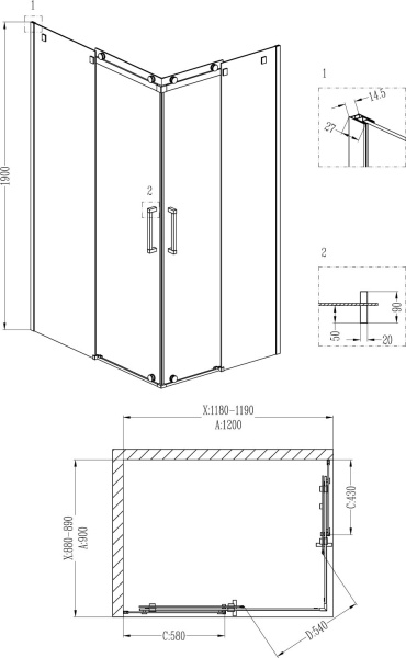 Душевой угол Grossman Cosmo GR-1120L прямоугольная  стекла , профиль 