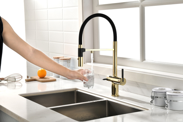 Смеситель для кухни Paulmark Gravity Gr213888-G с подключением к фильтру золото