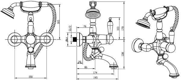 Смеситель для ванны или душа Boheme Tradizionale Oro 283 настенный 
без термостата золото