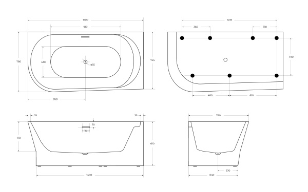 Акриловая ванна пристенная BelBagno  BB410-1500-780-R 150x80 прямоугольная цвет белый