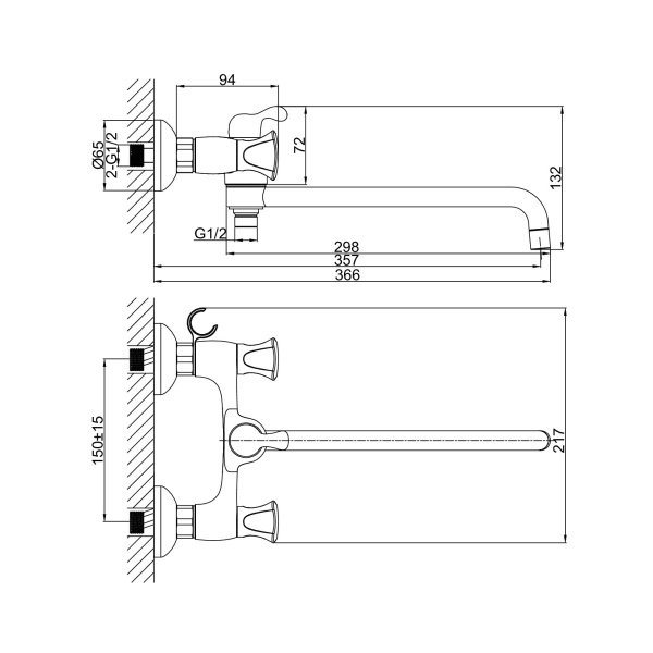 Смеситель для ванны или душа D&K Hessen DA1383301 настенный 
без термостата хром