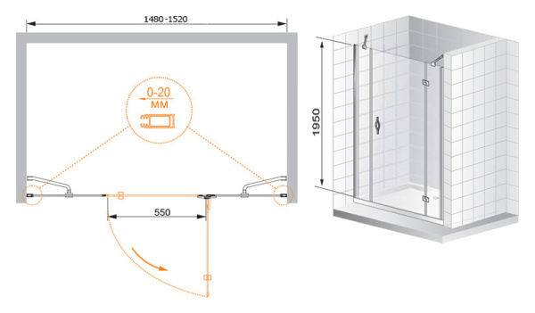 Душевая дверь Cezares Bergamo BERGAMO-B-13-60+60/30-C-Cr-R 90 см стекла прозрачные, профиль хром