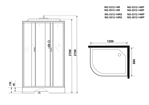 Душевая кабина с крышей Niagara Classic NG-3512-14R асимметричная  120x80 стекла тонированные, профиль матовый хром