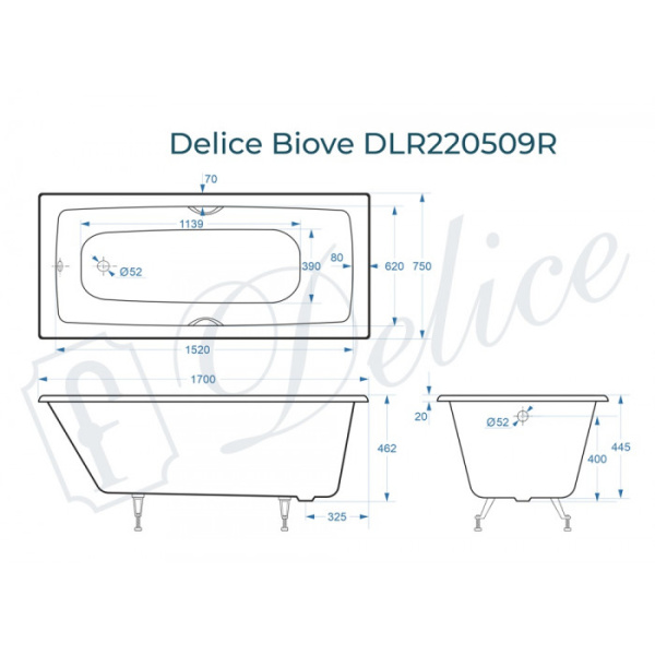 Чугунная ванна Delice Biove DLR220509R 170x75 чугун