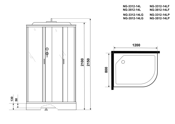 Душевая кабина с крышей Niagara Classic NG-3312-14L асимметричная  120x80 стекла матовые, профиль матовый хром