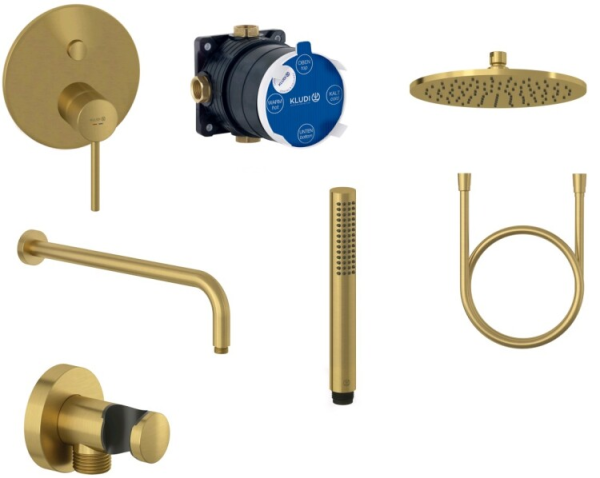 Душевая система со смесителем Kludi Bozz 38658N076 монтаж встраиваемая в стену без термостата брашированное золото