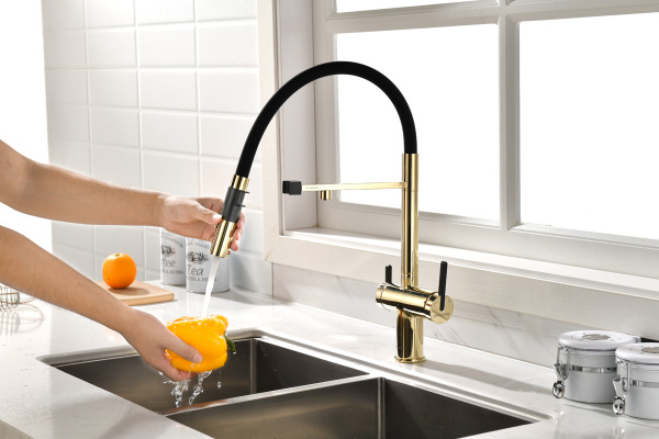 Смеситель для кухни Paulmark Gravity Gr213888-G с подключением к фильтру золото