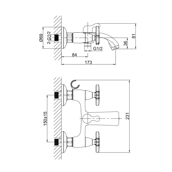 Смеситель для ванны или душа D&K Hessen DA1383241 настенный 
без термостата хром