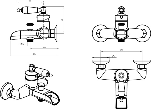 Смеситель для ванны или душа Boheme Vogue 203 настенный 
без термостата бронза