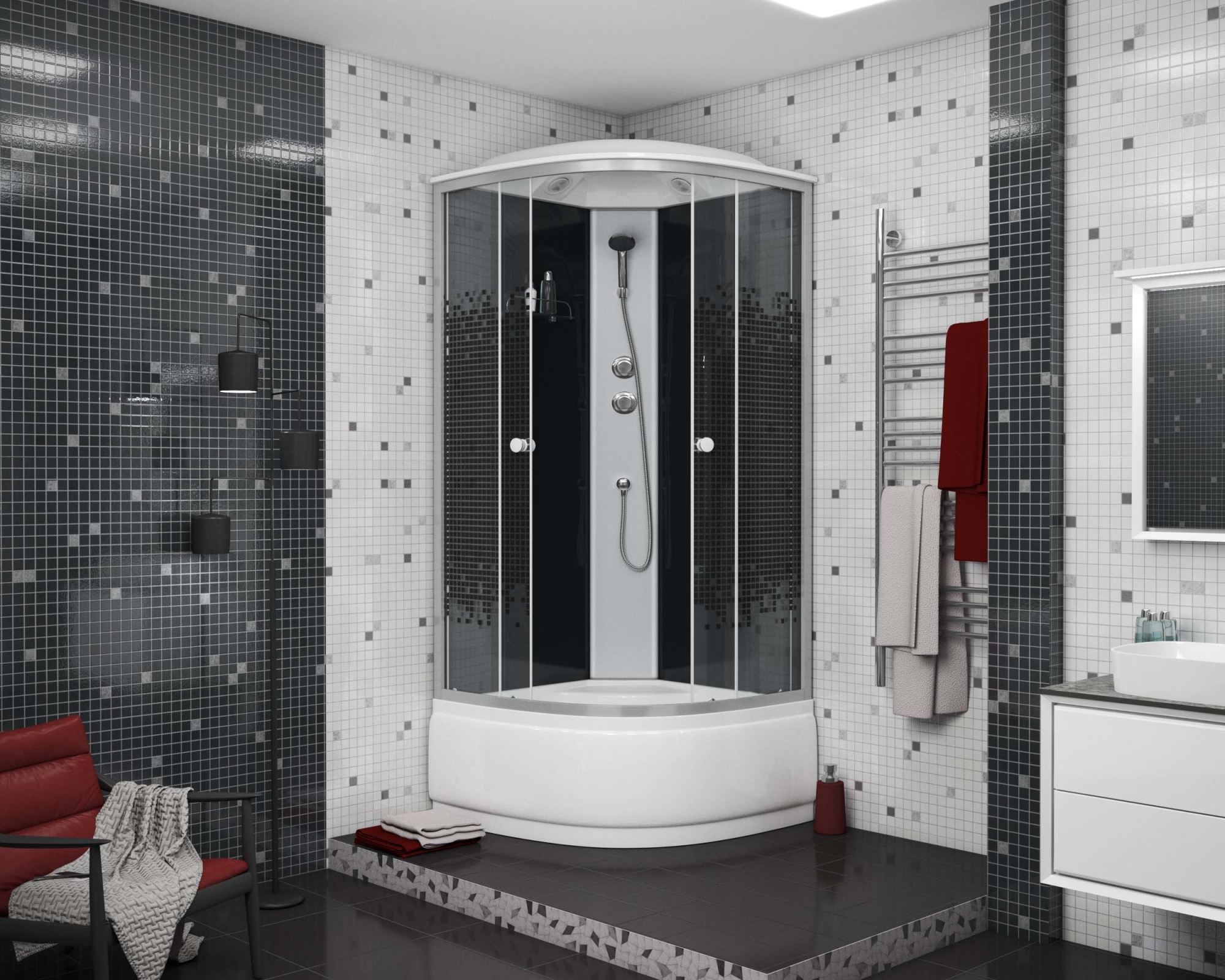 Душевая кабина с крышей Niagara Eco NG-7507-14 четверть круга  80x80 стекла прозрачные с узором, профиль матовый хром
