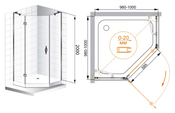 Душевой угол Cezares Bergamo BERGAMO-W-P-1-100-C-Cr-L-IV пятиугольная  стекла прозрачные, профиль хром