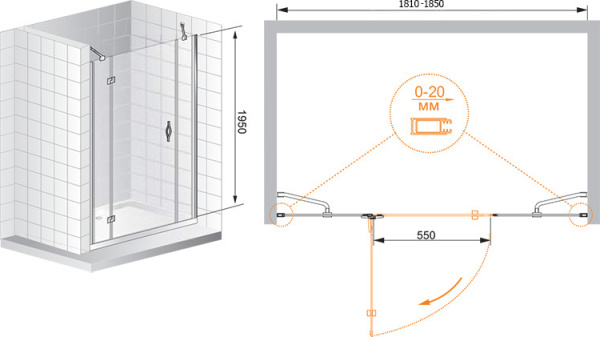 Душевая дверь Cezares Bergamo BERGAMO-B-13-100+60/30-C-Cr-L 90 см стекла прозрачные, профиль хром