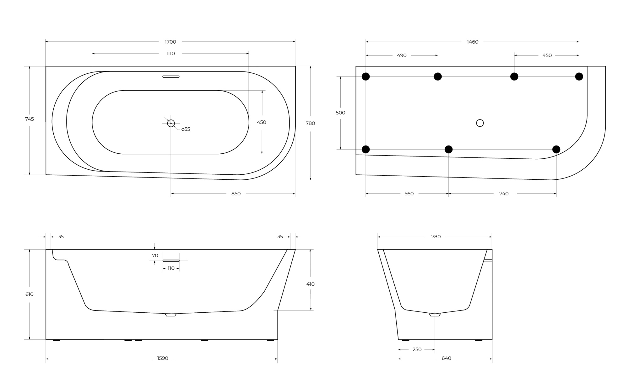 Акриловая ванна пристенная BelBagno  BB410-1700-780-L 170x80 прямоугольная цвет белый