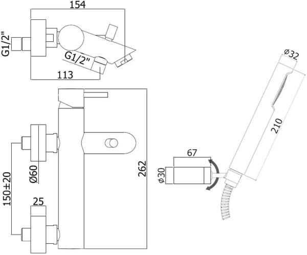 Смеситель для ванны или душа Paffoni Light LIG023BO настенный 
без термостата 