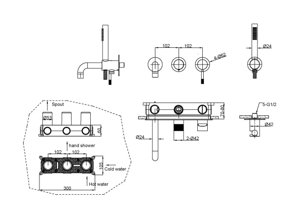Смеситель для ванны или душа Boheme Uno 464-3-B встраиваемый в стену 
без термостата черный матовый