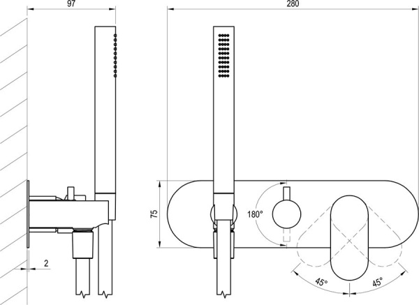 Смеситель для душа на 2 выхода Ravak Eleganta X070300 встраиваемый в стену 
без термостата черный матовый