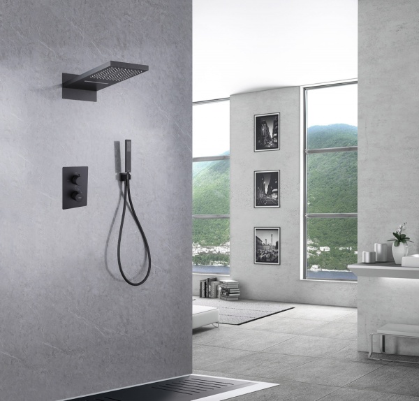 Душевая система со смесителем Abber Weiss Insel AF8052B монтаж встраиваемая в стену с термостатом черный матовый