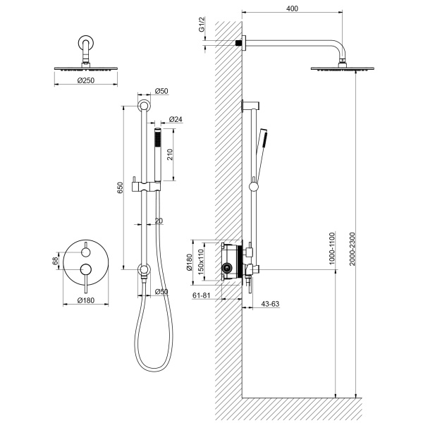 Душевая система со смесителем Timo Saona SX-2309/17SM монтаж встраиваемая в стену без термостата матовое золото