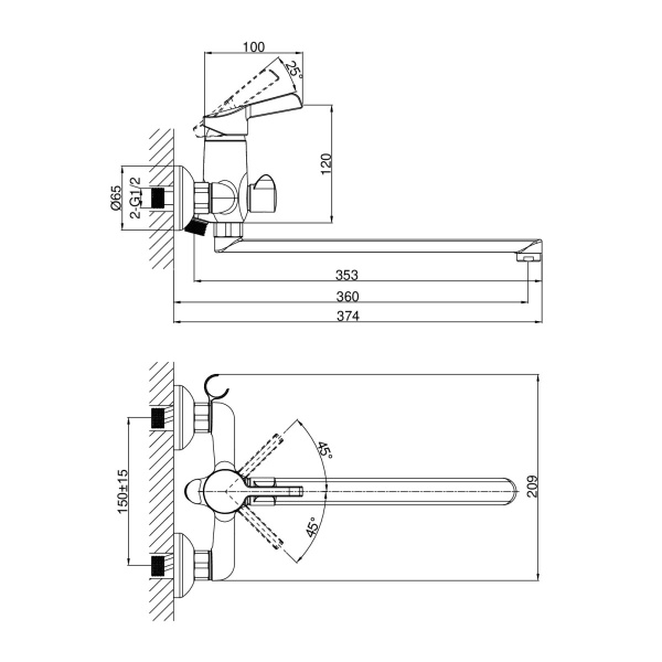 Смеситель для ванны или душа D&amp;K Rhein.Schiller DA1463301 настенный 
без термостата хром