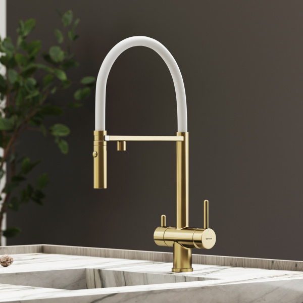 Смеситель для кухни Sancos Imola SC4010BG с подключением к фильтру брашированное золото/белый
