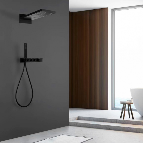 Душевая система со смесителем Abber Rund AF8752B монтаж встраиваемая в стену с термостатом черный матовый