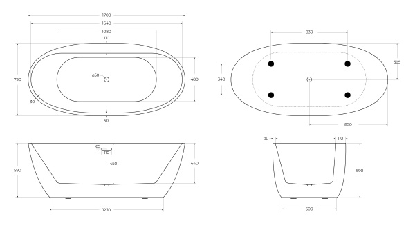 Акриловая ванна отдельностоящая BelBagno  BB404-1700-800 170x80 овальная цвет белый
