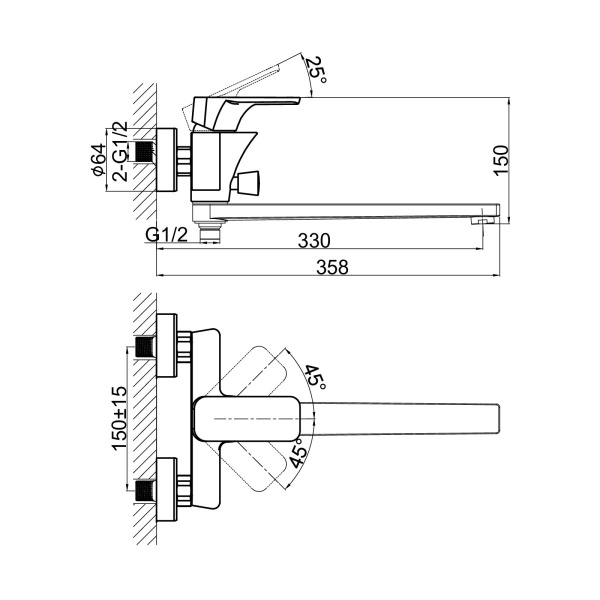 Смеситель для ванны или душа D&K Berlin DA1433303 настенный 
без термостата золото